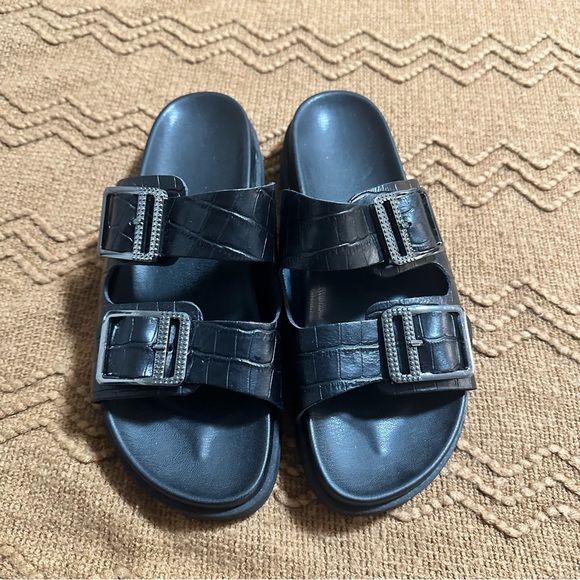 Women’s Leather snake dual band belted sandals in black with silver size 9 - Picture 1 of 4